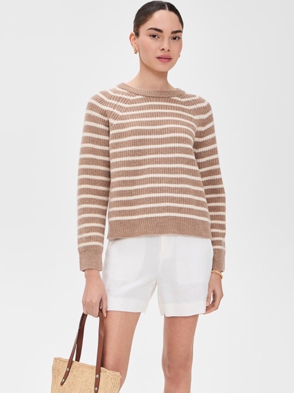 MAREA wool striped camel ivory crew neck sweater Sz XS